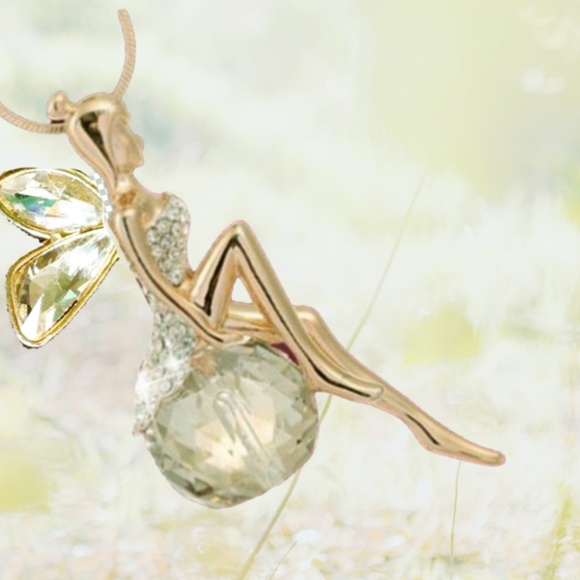 Gold Color Fairy Angel On Crystal Ball/Globe Wing Pendant Necklace - NWT - Picture 2 of 6